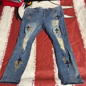 Grindhouse Men's Slim Fit Jeans - Blue with Black and Gold Crosses